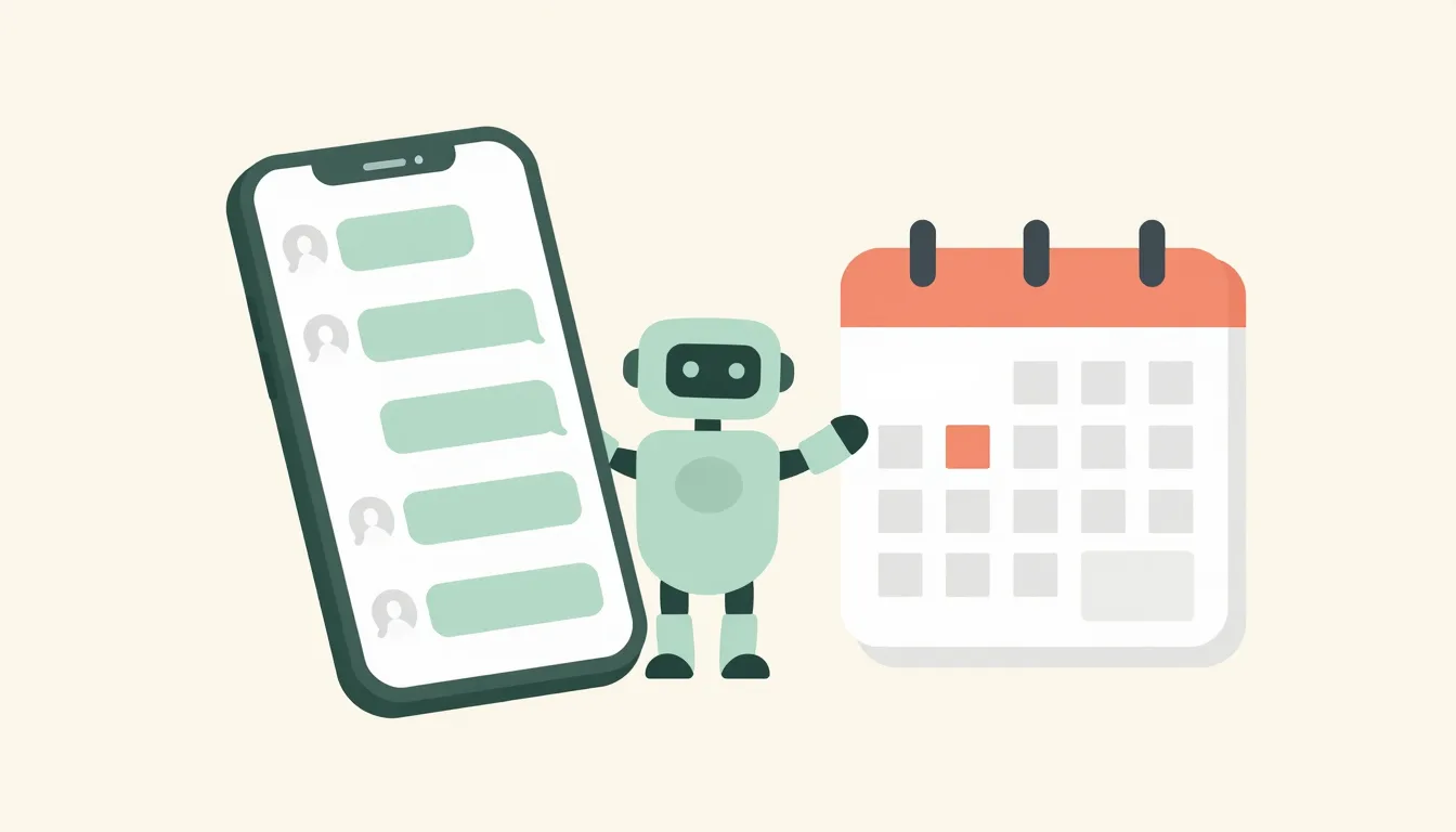 Diagrama ilustrado de un chat de WhatsApp conectándose automáticamente a un calendario de citas